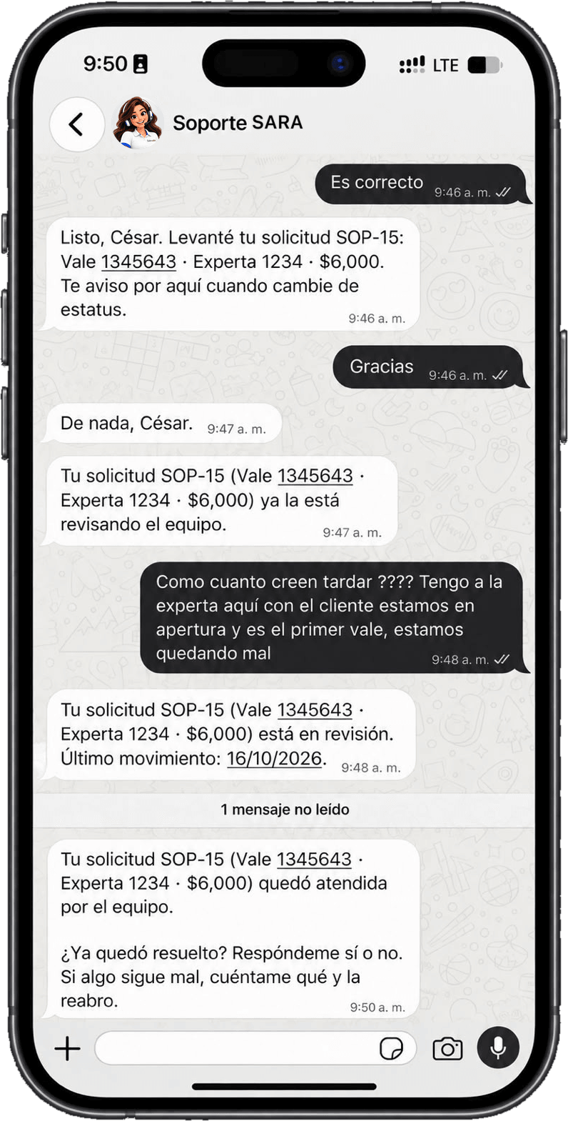 Conversación de WhatsApp: SARA avisa el cambio de estatus