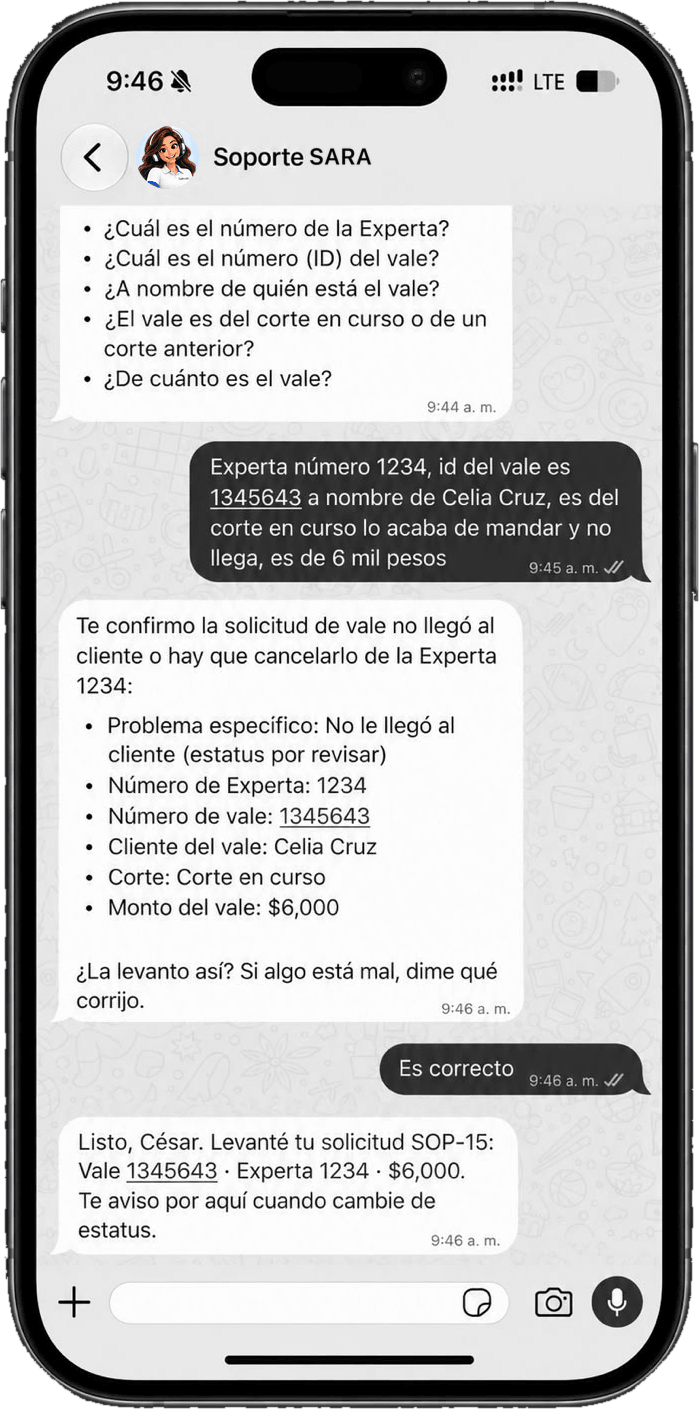 Conversación de WhatsApp: SARA confirma y da el folio